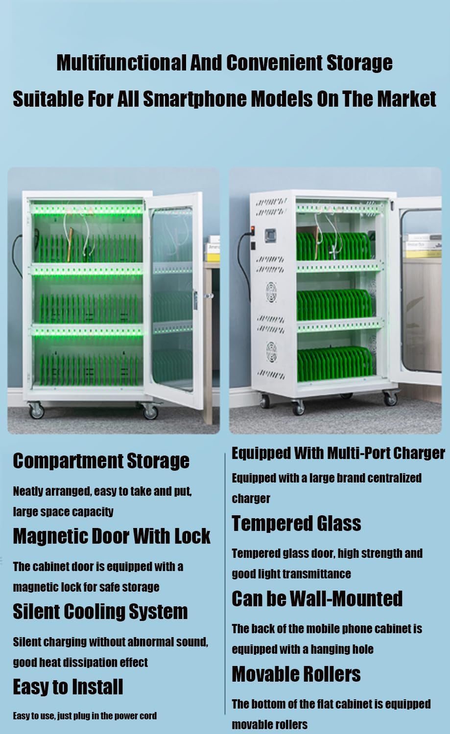 携帯電話充電キャビネット、ポータブル携帯電話充電ロッカー、USB充電式携帯電話充電キャビネット、ホイール&ロック付き(50ス スマホ 充電  ステーション 【 モバイルロッカー８ 】 充電ロッカー コイン式 商業用 最大8台 据置 壁掛け 商用 スマホロッカー コインロッカー ...
