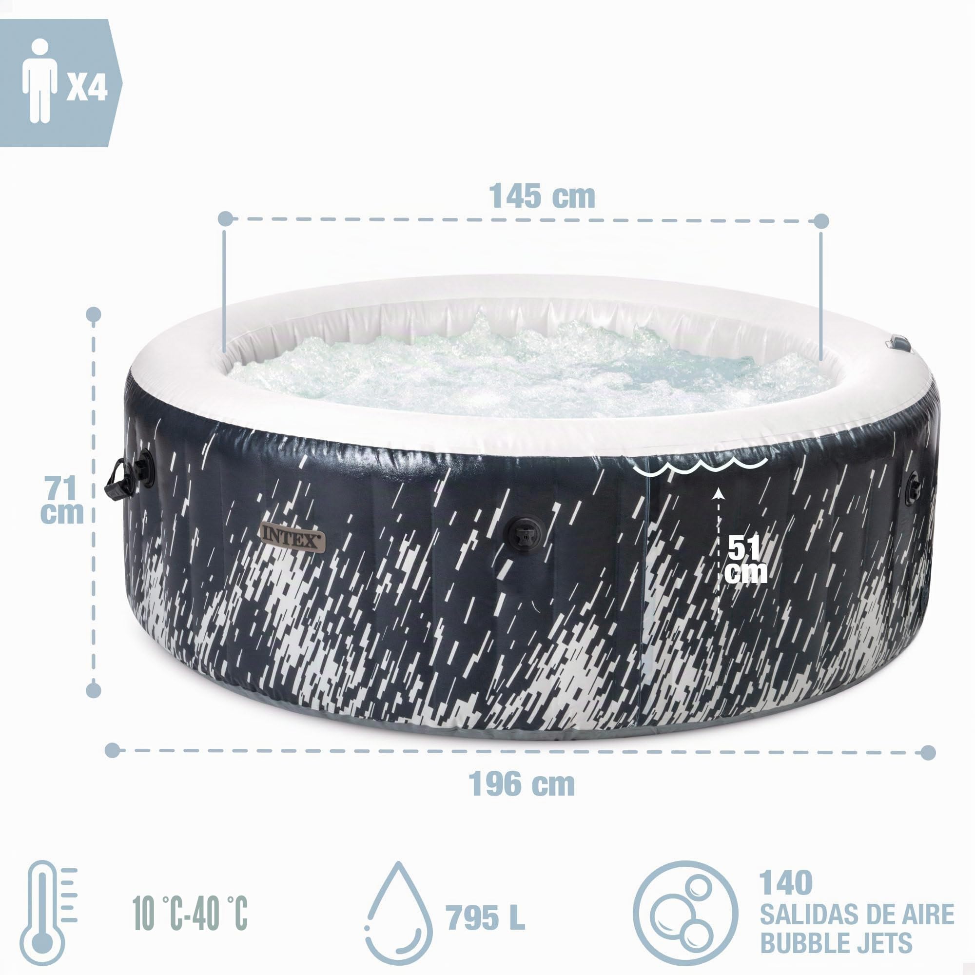 Intex 28494NP - Hydromassage gonflable rond PureSpa Bubble Glow Deluxe, 4 places, 140 jets, PVC, LED multicolore, 196 x 71 cm