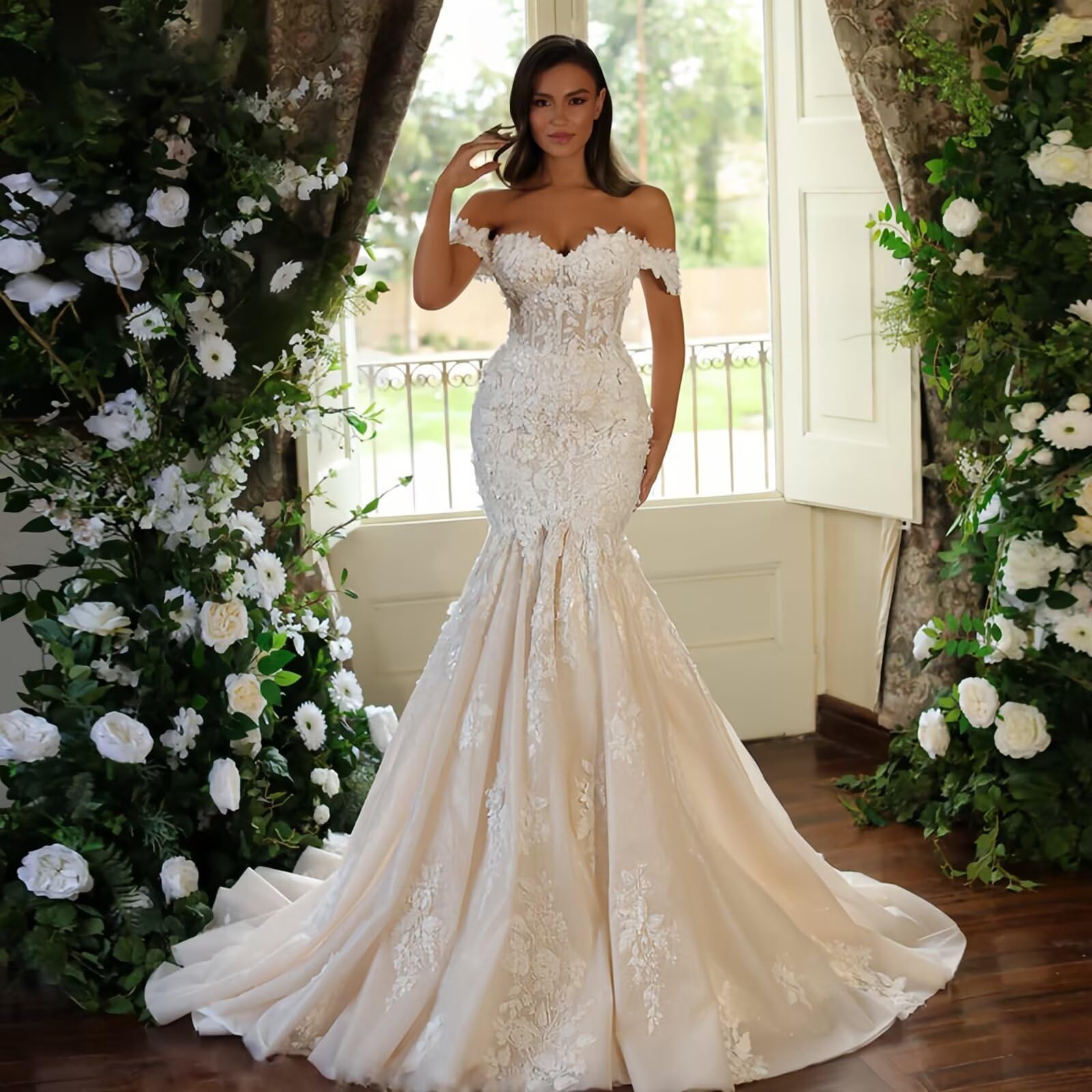 HUINI Off-Shoulder Tüll Hochzeitskleider für die Braut Meerjungfrau Spitzenapplikationen Strand Brautkleider mit Schleppe