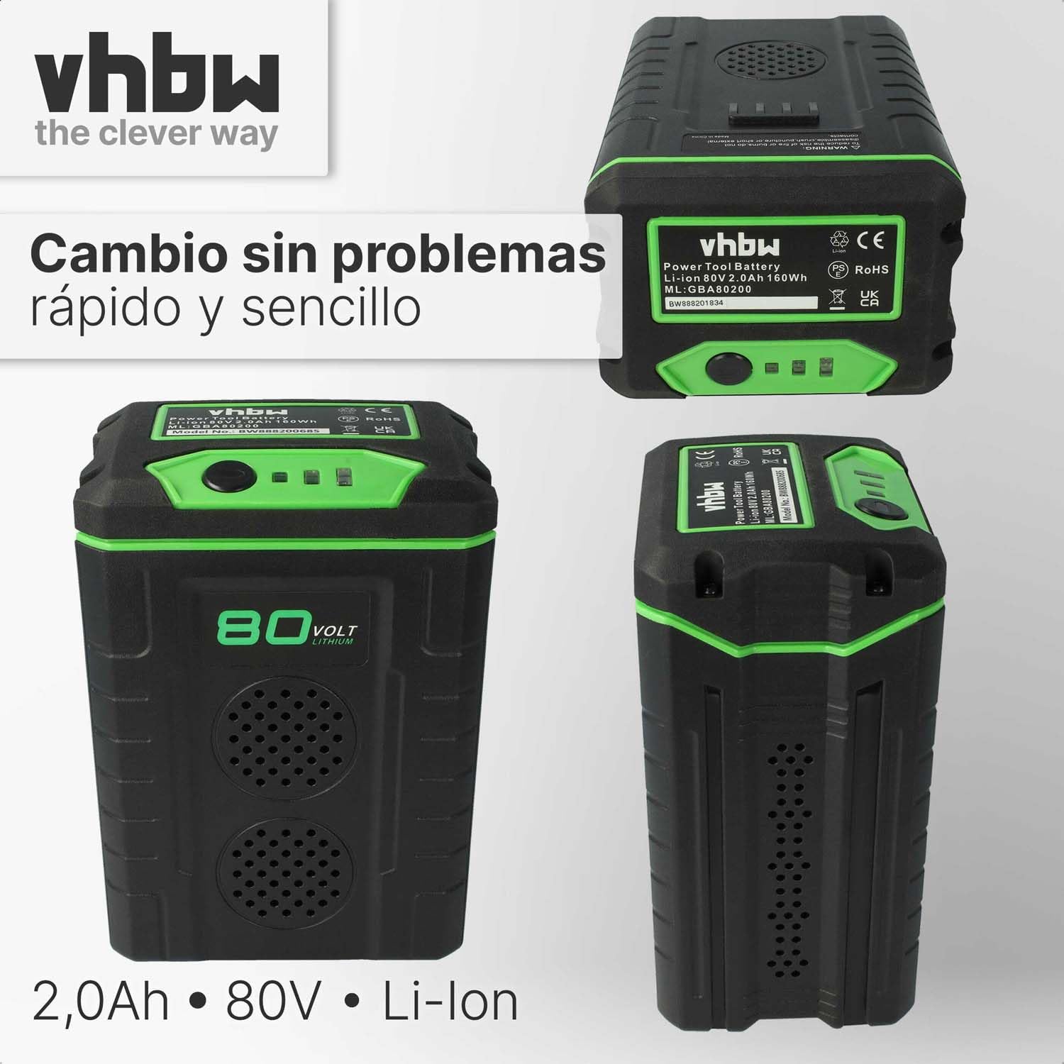 vhbw Batería reemplaza Greenworks GBA80500, GBA80400 para cortacésped Herramienta de jardín Tijeras cortacésped 2000mAh 80V Li-Ion