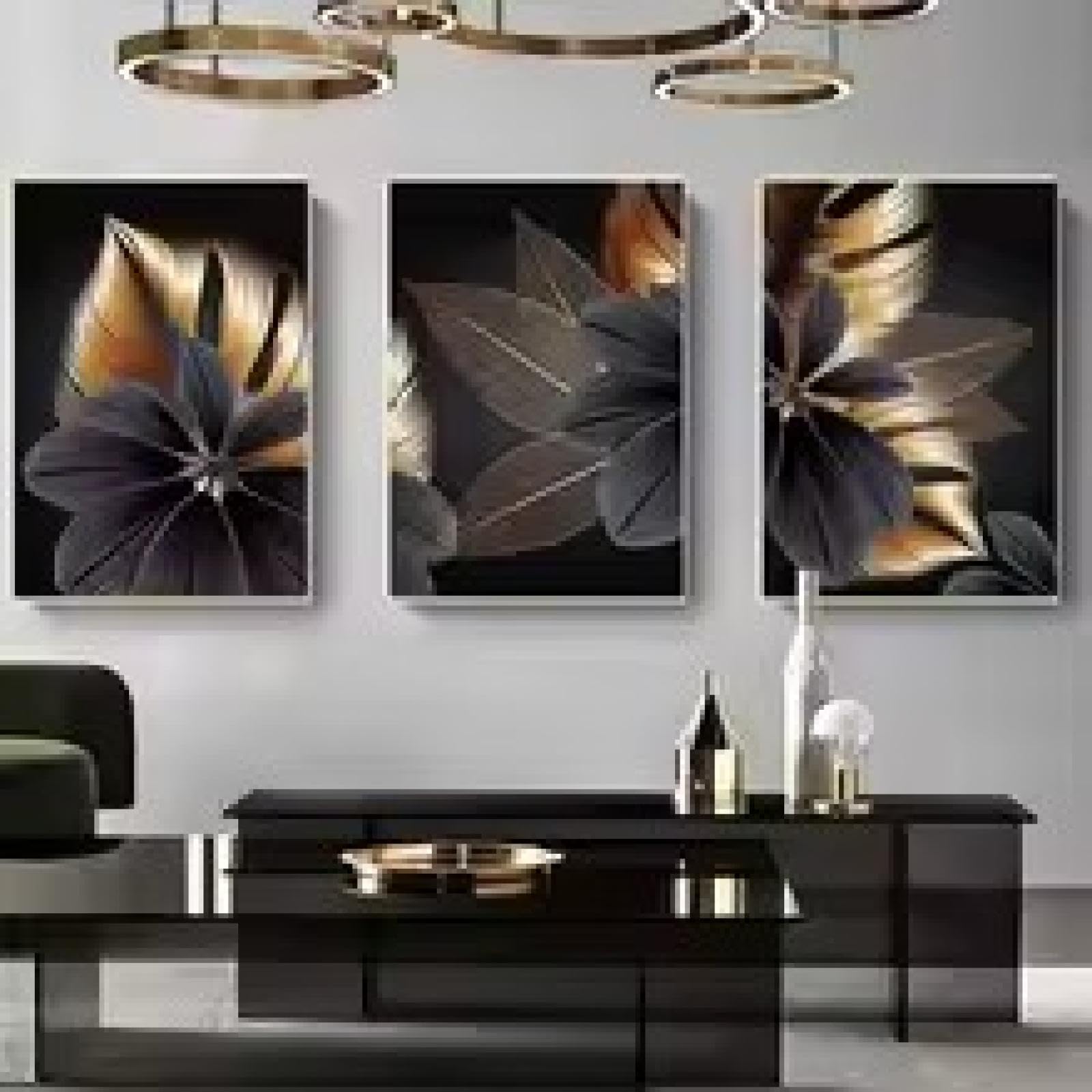 Impresión en oro negro con hojas de plantas, carteles en lienzo, arte abstracto, arte de pared, pintura para oficina, cuarto de lavado, decoración, 60 x 90 x 3 cm, con marco