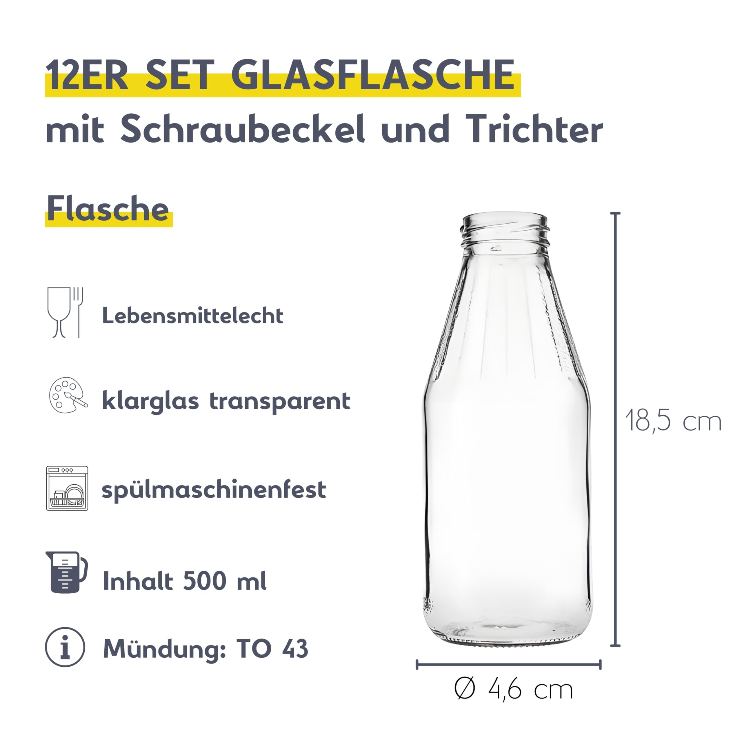 mikken 12 x szklana butelka 500 ml, butelka z zakrętką złota wraz z lejkiem