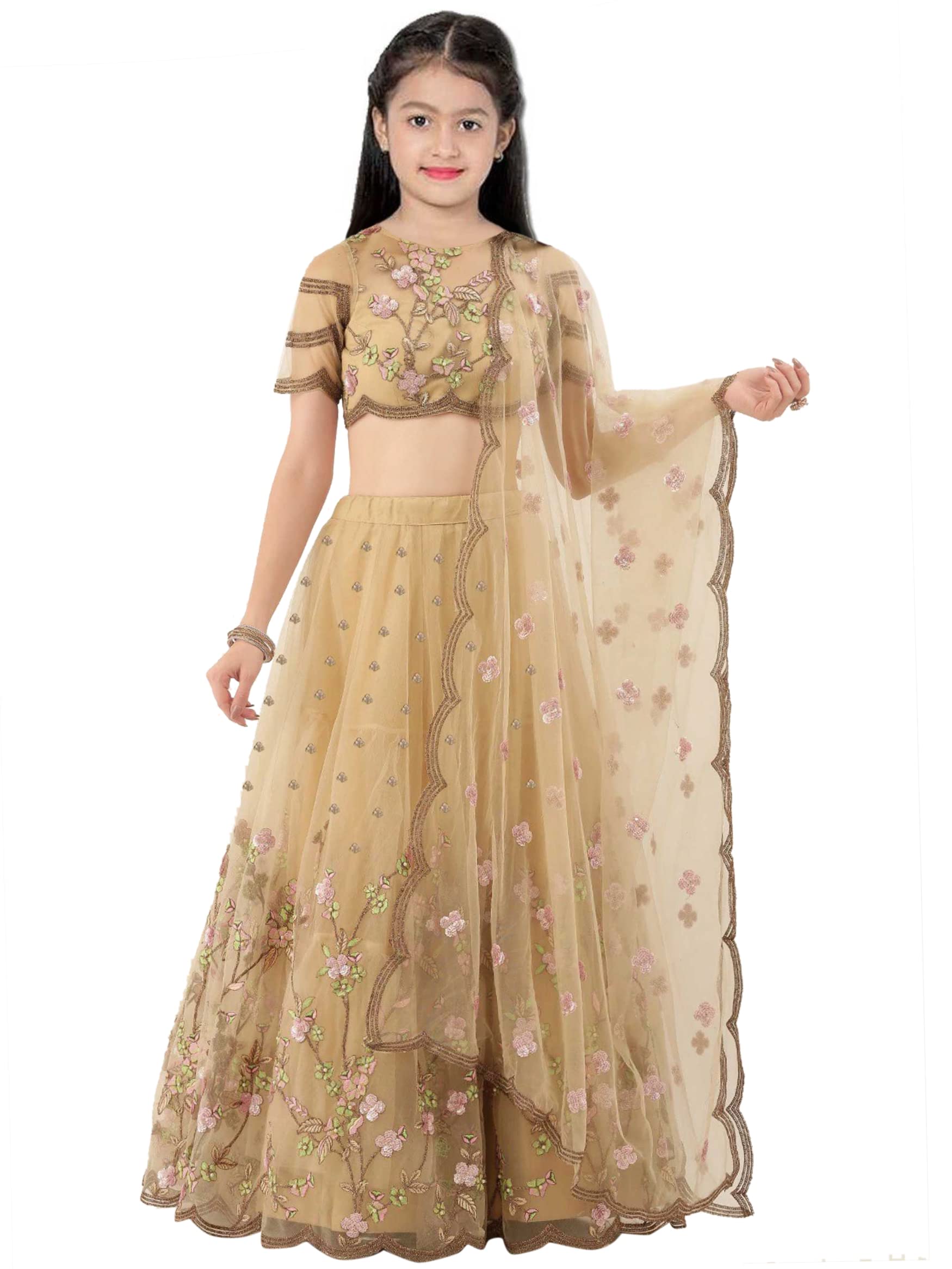 Suppar Sleave Girl's Satin Lehenga Choli (Kids.Butterfly.Cream_Cream_Free Size)
