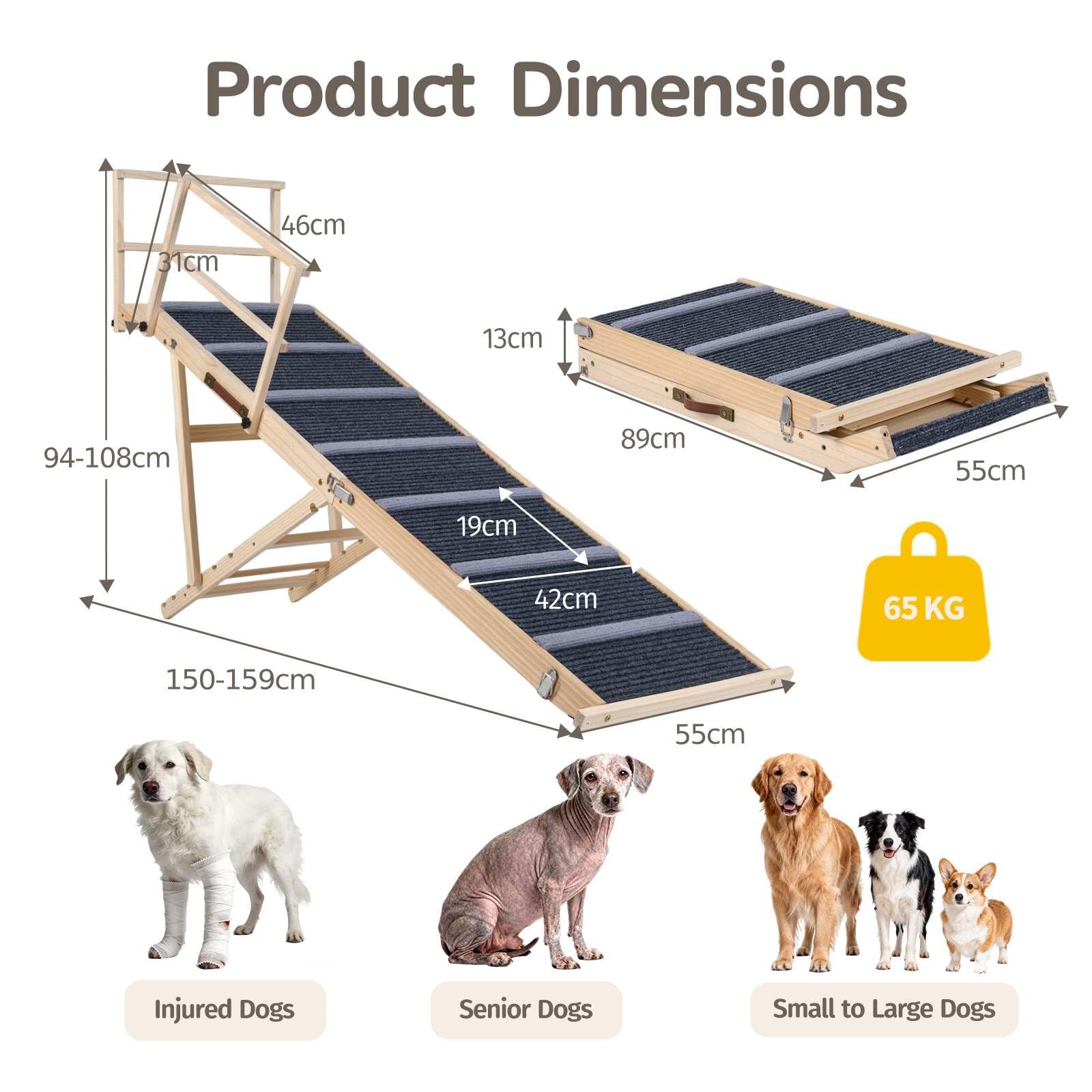 GYMAX Rampa pieghevole per cani, 150 cm di lunghezza, con altezza regolabile a 6 livelli, guide laterali rimovibili e tappeto antiscivolo, scala portatile in legno per cani per letto alto, divano e