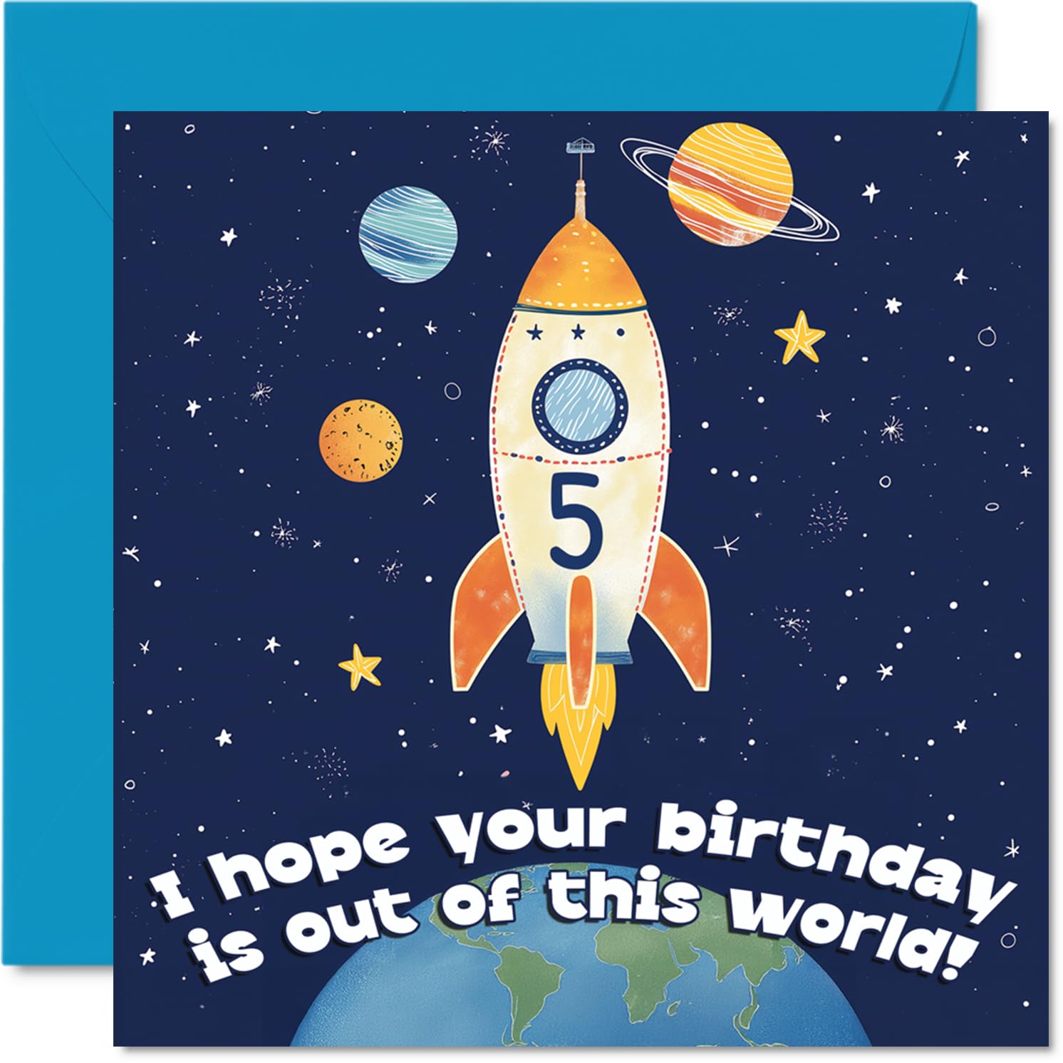 Playful 5th Birthday Card - Blast off into Birthday Fun - Colourful Rocket and Planets in a Bright Blue Space Scene - 145mm Square, Envelope Included