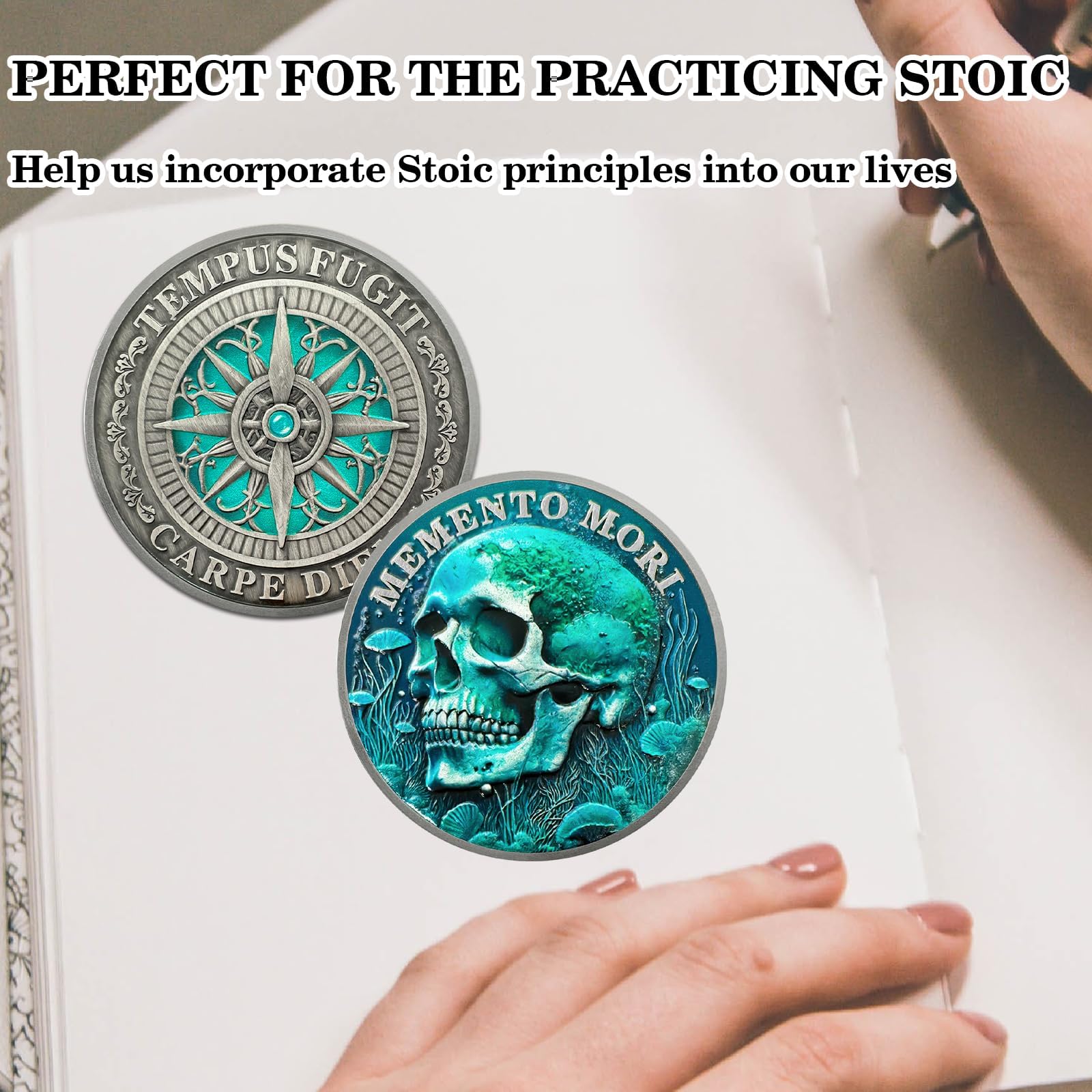 AACGZQY Memento Mori Münze – Totenkopf-Ozean-Memento-Vivere-Münze mit Kompass – Stoische EDC-Challenge-Münze für den Alltag – Genießen Sie noch heute diese motivierende Erinnerungsmünze für Stoizismus