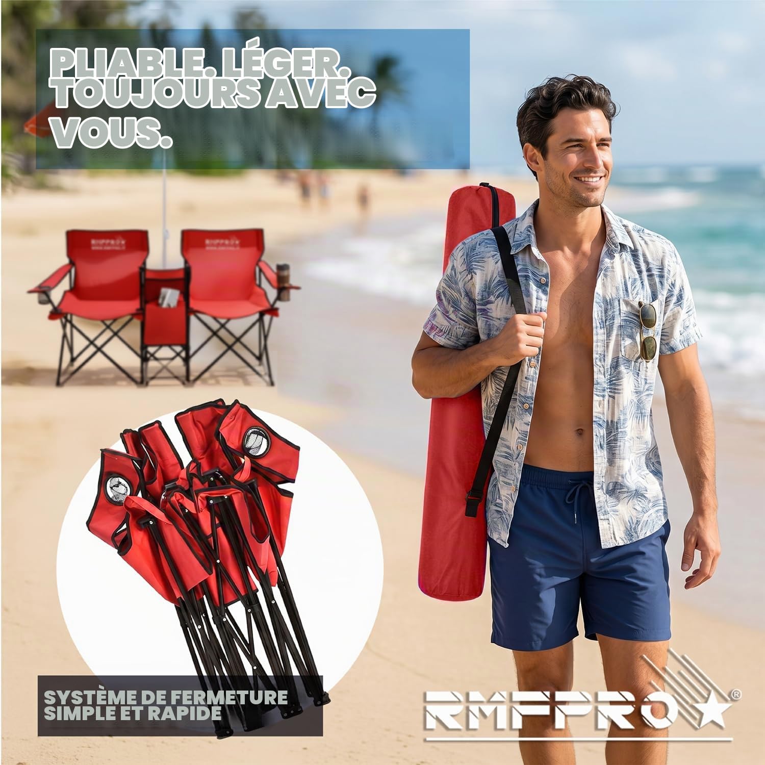 Set avec Parasol et 2 Chaises d'Extérieur idéal pour la Mer ou Le Camping, avec Glacière Centrale et Porte-Boissons - Idéal Aussi pour la Pêche, Structure en Acier avec Housse Transport Rouge