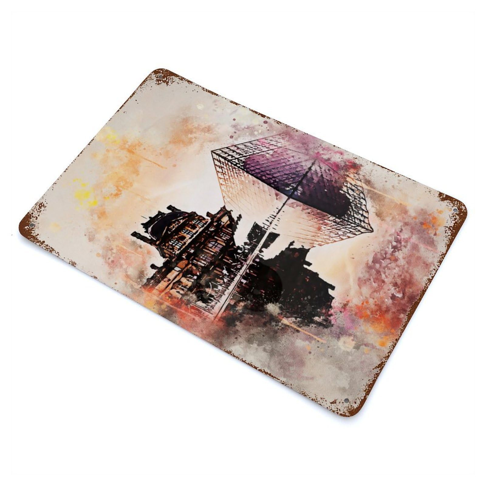 Weathered Tin Sign with Paris in Watercolor Design 11.8"x7.9", for Garage, Bar And Workshop Decor, Decorative Metal Wall Art