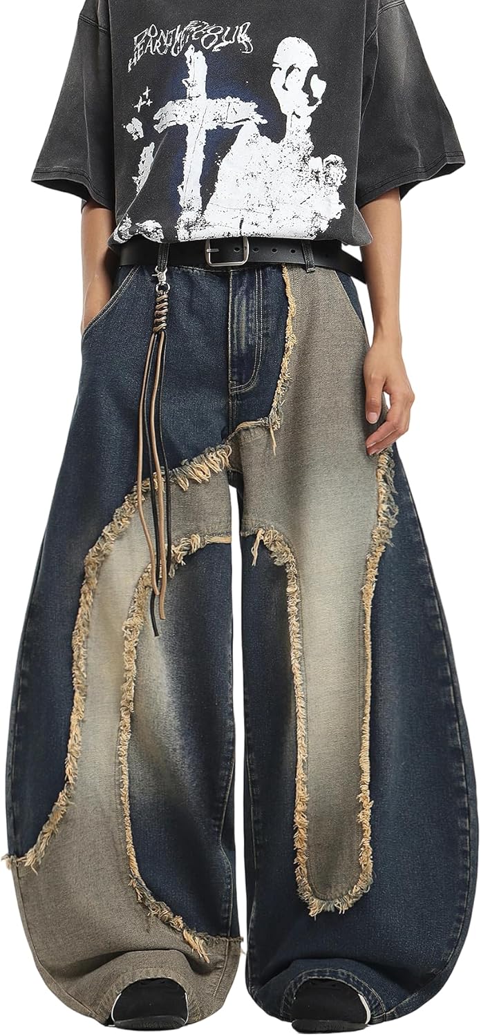 Hip Hop Baggy Jeans for Men Stylish Wide Leg Skater Jeans Loose Fit Denim Pants Streetwear