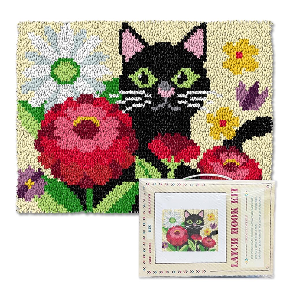 ORIGACH Black Cat & Flower Latch Hook Rug Kit for Adults, 20.5x15inch