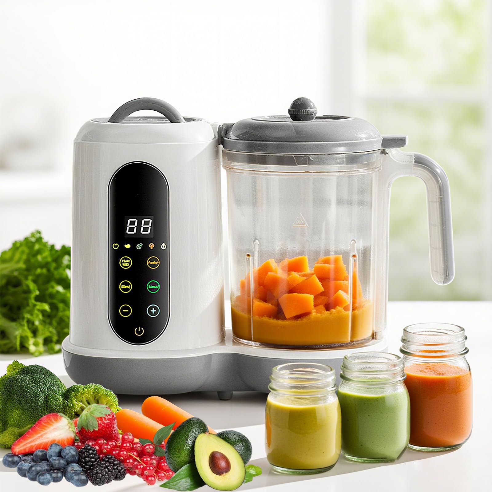 Máquina automática de alimentos para bebés 4 en 1, procesador de alimentos casero multifuncional de 450 W con vaporizador, licuadora de puré, 4 menús preestablecidos, control de pantalla