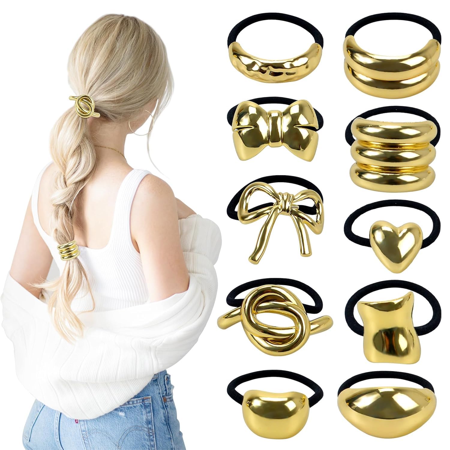 Diversa Metal Ponytail Hair Cuffs for Girls & Women, Glossy Elastic Ponytail Holders, Geometric Design, Hair Accessories Fashion Rubber Bands, Random 3 Pcs, Gold, Pack of 3