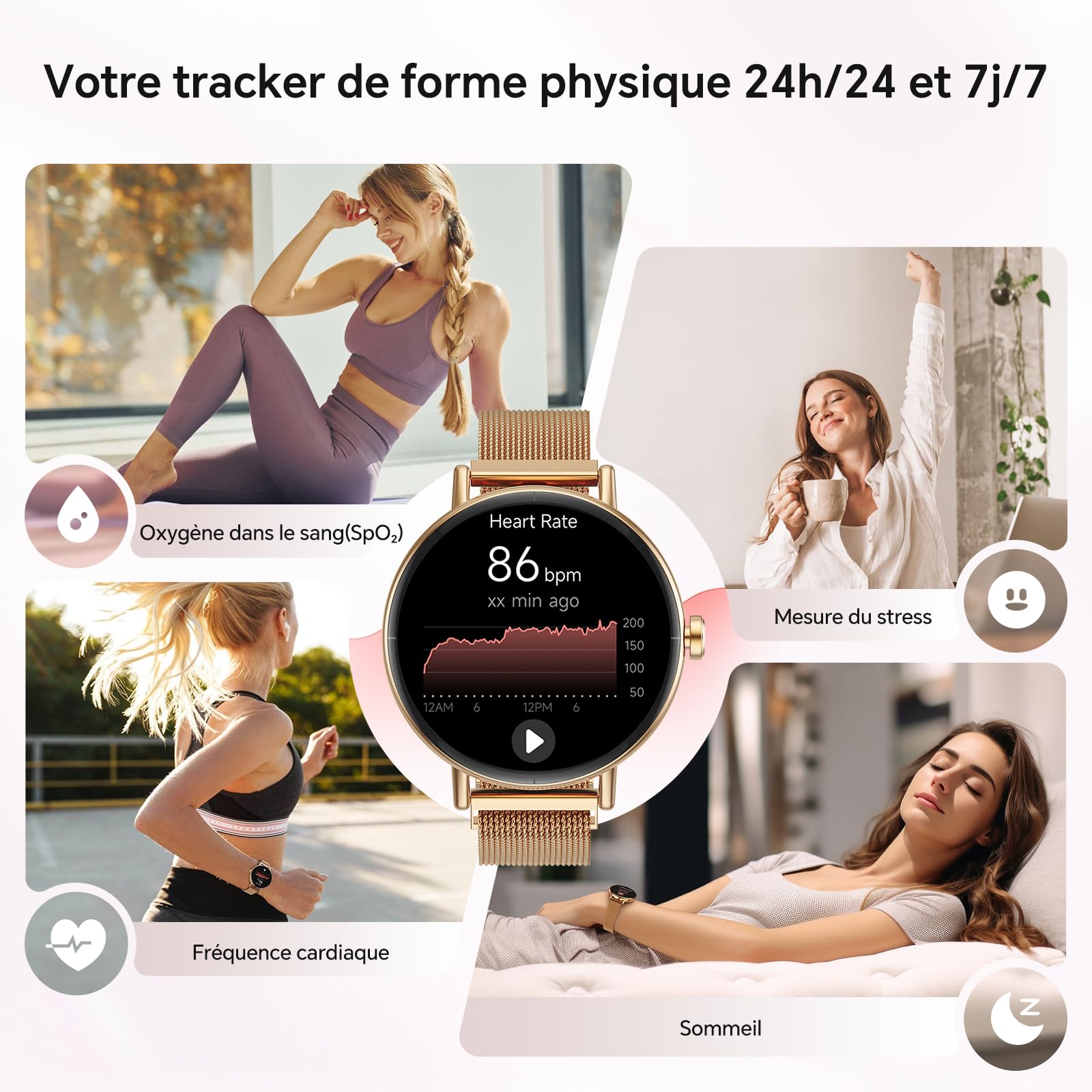 Gydom Montre Connectée Femme Ronde Bracelet Metal Appel Bluetooth, 1.27" Élégante Smartwatch Moniteur de SpO2/Sommeil/Podometre/Calories, IP68 Waterproof, 120+ Sport Modes pour Samsung iPhone Android