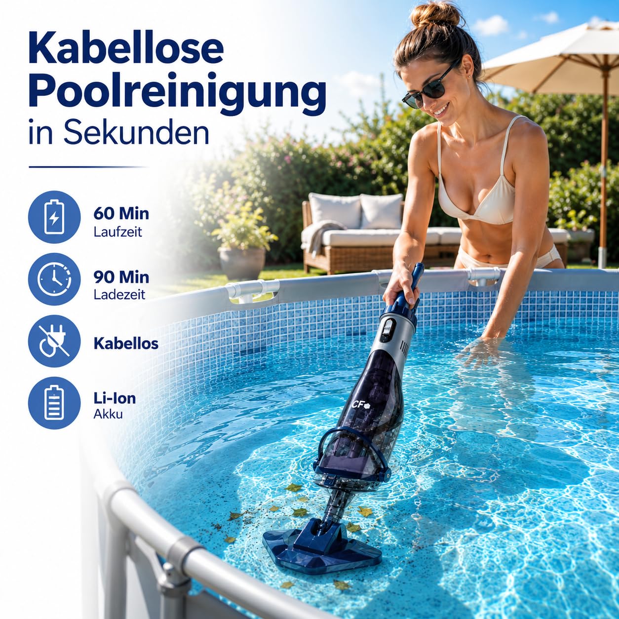 poolomio Poolsauger Akku kabellos Teleskopstange 70 L/min Whirlpool & Pool