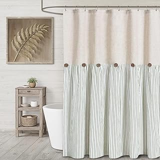 Farmhouse Shower Curtain Linen Button Woven Fabric Country Rustic Western, Pleated Green Stripe 72" W x 72" L