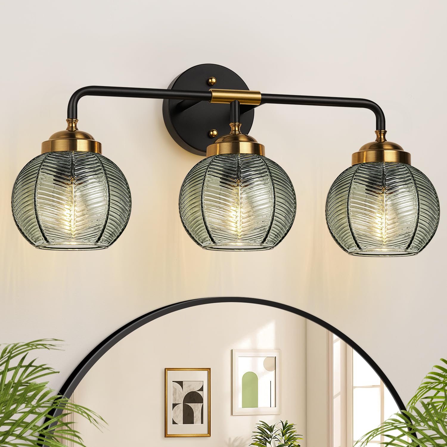Photo 1 of MOKATNG Bathroom Light Fixtures, 3-Light Green Vanity Lights with Unique Leaf Texture Glass Shade, Modern Matte Black and Gold Bathroom Wall Lamp for Mirror Hallway Cabinet Living Room