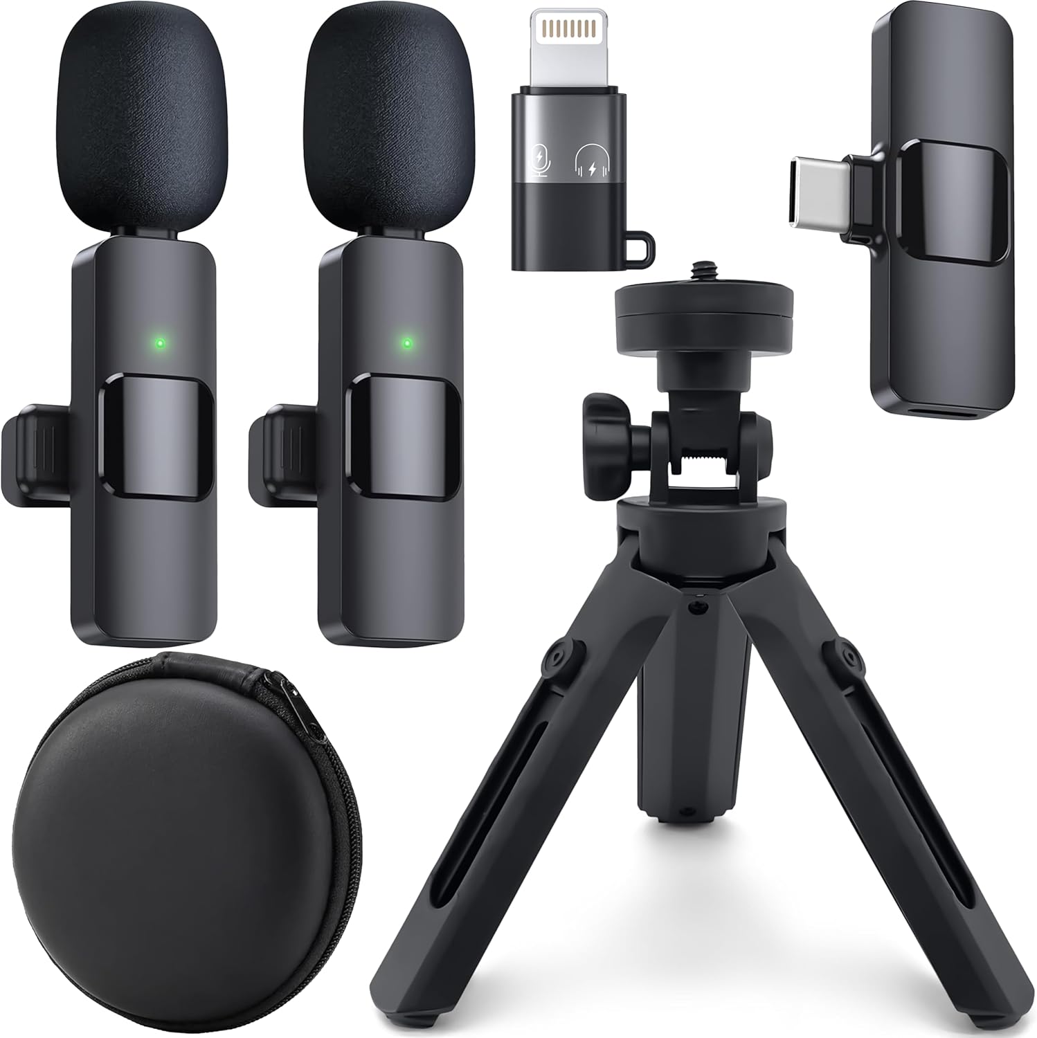 Wireless Microphones for iPhone iPad and Android USB C and Ligthening with Tripod and Leather Case, Clip on Lapel Lavalier Bluetooth Microphone for Video Recording, TikTok, Live Streaming – 2 Mics