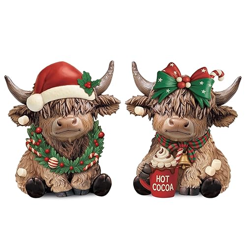 Karenhi 2 Pcs Highland Cow Figurines Christmas Hot Cocoa Highland