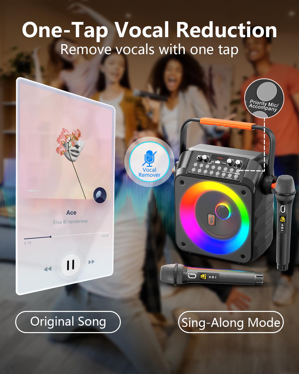 JYX Karaoke con 2 Microfono per Adulti, 150W Cassa Bluetooth Potente | Altoparlante Portatile Bluetooth 5.3, Sistema PA Altoparlanti Amplificato con Supporto REC/USB/TF/AUX, Adatto per Feste