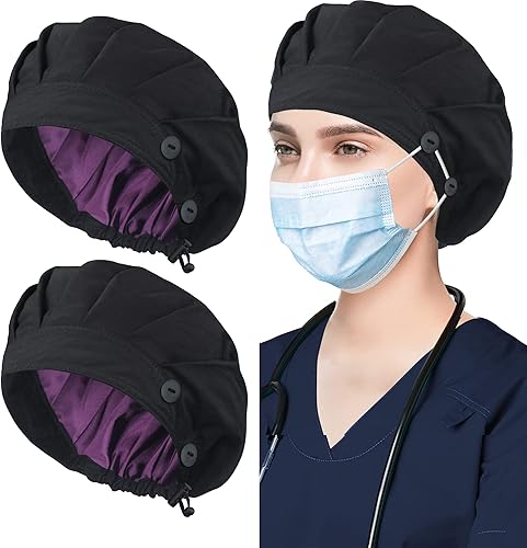 ABAMERICA Gorras Bouffant con botón y banda para el sudor, gorras médicas ajustables para mujeres y hombres, talla única, multicolor