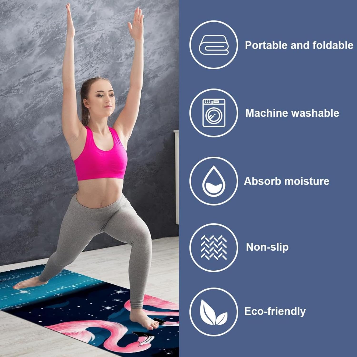 Yoga Towel, Galaxy Flamingo Pattern Non Slip Sweat Absorbent Hot Yoga Mat Towel for Hot Yoga, Pilates and Fitness - 72.8" x 26.8"