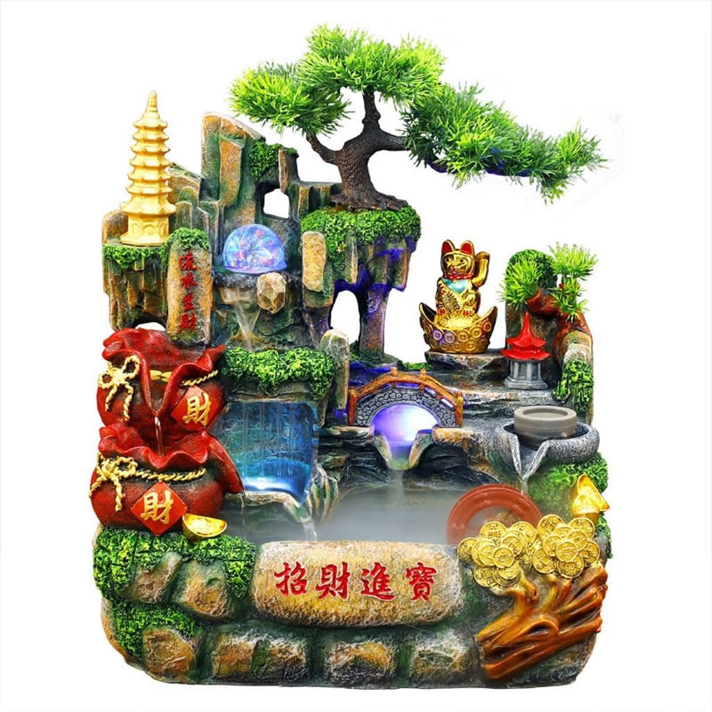 Tabletop Waterfall Fountain Lucky Mountain Flowing Water Desktop Fountain Rockery Flowing Water Ornaments Fountain Living Room Home Interior Decoration Water Fountains Indoor (A)