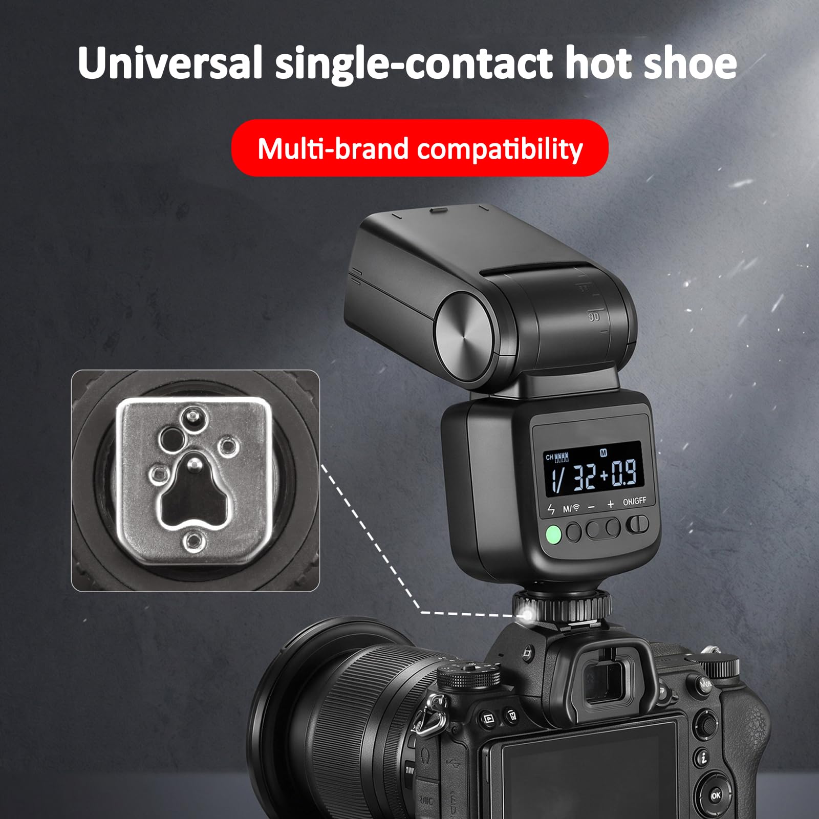 Flash Speedlite per Fotocamera, 3 modalità Flash | Attacco A Slitta Universale A Contatto Singolo, Potenza Regolabile su 8 Livelli (1/128–1/1), con Base Cold Shoe E Diffusore Morbido