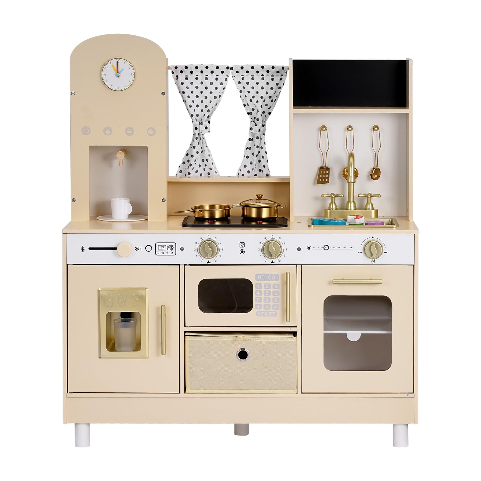 VEVOR Cocina de Juguete para Niños de 3 a 8 Años, Cocinita Infantil de Madera con Luces y Sonidos, Áreas Interactivas, Accesorios, Microondas, Máquina de Hielo, Juego de Cocina con Almacenamiento
