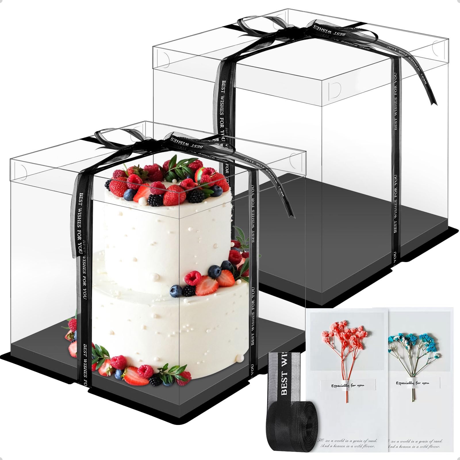 2 Scatole Portatorta Trasparenti 30x30x25 Cm Con Nastro E Biglietti - Per Torte A Due Piani