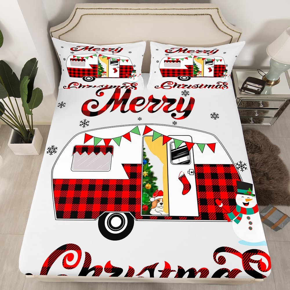 RV Camper Bed Sheets Queen Size Happy Camping Car Bedding Sets for Kids Boys Girls Bedroom Decor Snowflake
