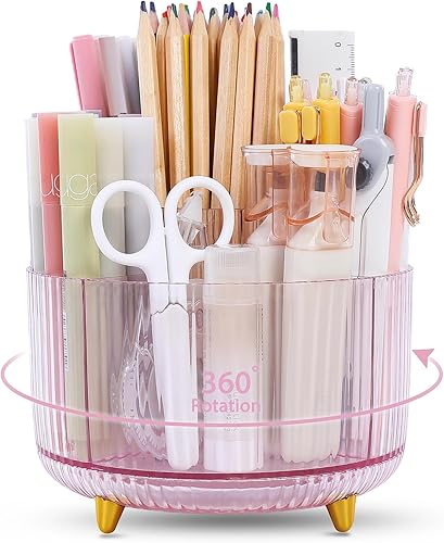 SKYDUE Soporte giratorio para lápices, organizador de bolígrafos con 5 ranuras, organizador de escritorio estético y accesorios para la escuela, el
