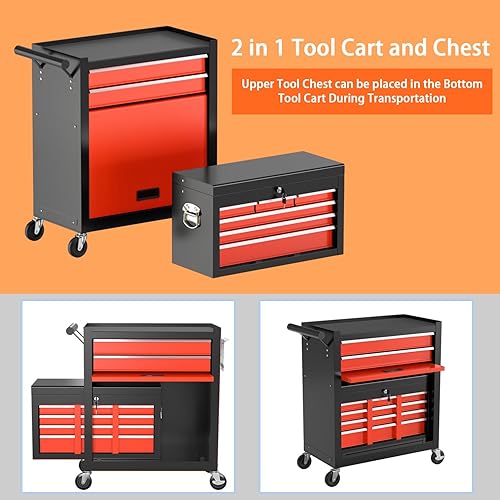 Miniatura 7 de Caja de herramientas con 8 cajones de alta capacidad con ruedas, caja de almacenamiento con ruedas y cajones extraíbles, caja de herramientas
