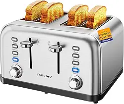 Torradeira 4 Fatias, Controles Duplos Independentes, Torradeiras com Slot Extra Largo para Bagel, Pão, Waffles, 7 Configurações de Tonalidade, 4 Funções Principais, Bandeja de Migalhas Removíve