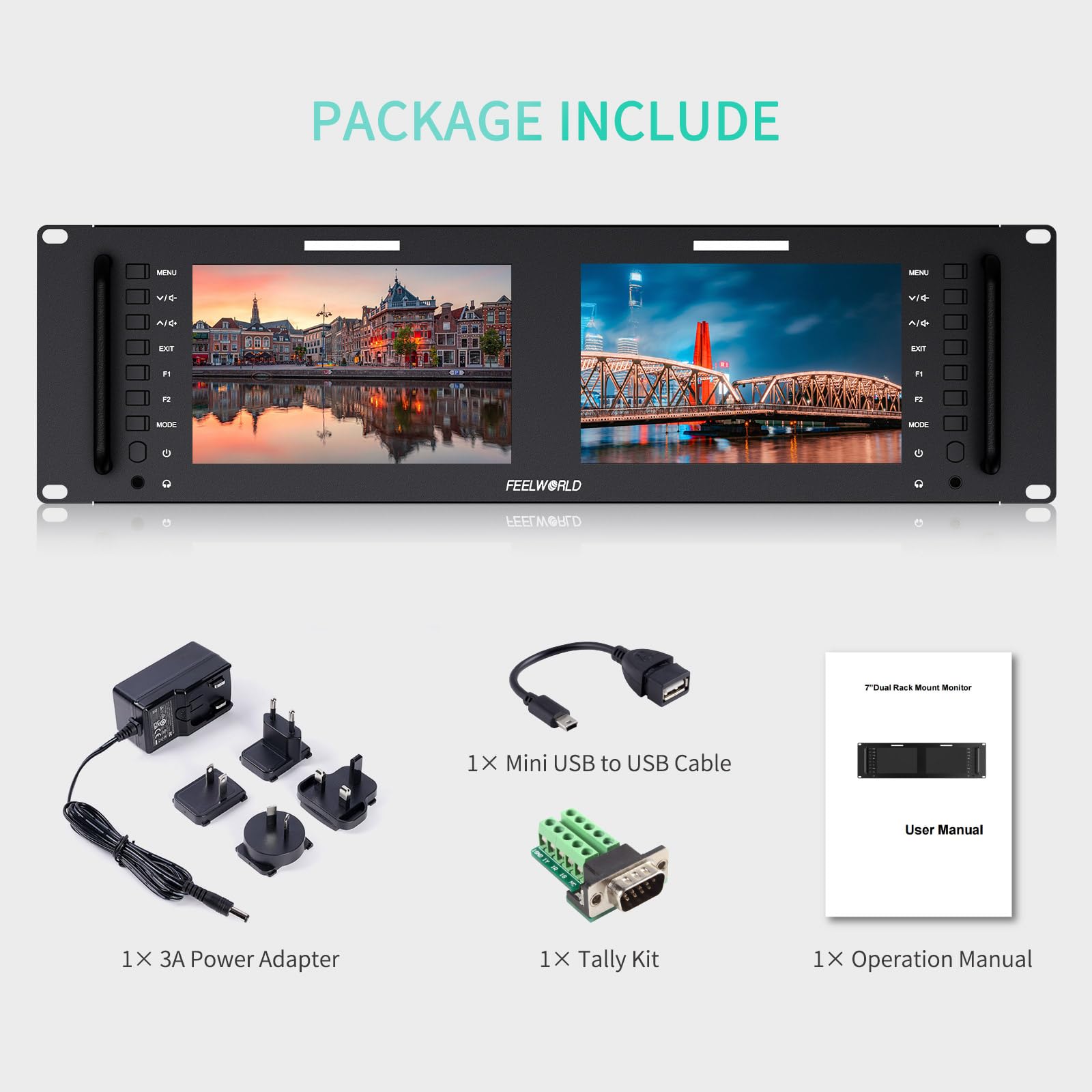 Feelworld D71 Rack Caméra Monitor Pro Broadcast Dual 7" 3RU Ultra HD 1280×800 Champ Vidéo LCD IPS Screen 800:1 Contraste élevé avec HDMI SDI AV Ethernet