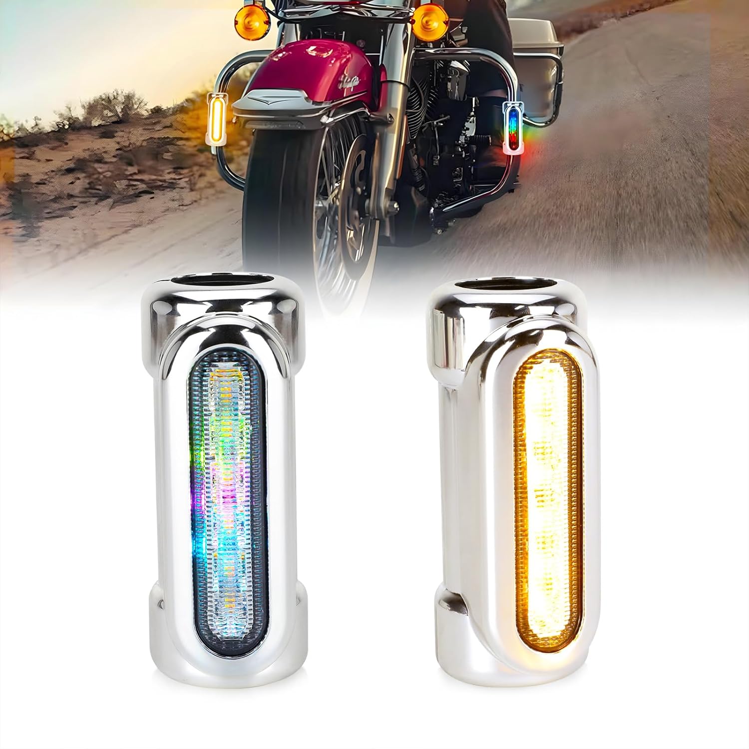 OPP ULITE Motorcycle Highway Bar Lights Switchback Dream Chasing Color & White Light & Amber Turn Signal Light Bars for 1-1/4 inch Driving Crash Bar Touring Driving Lights Bikes, Silver-2PC