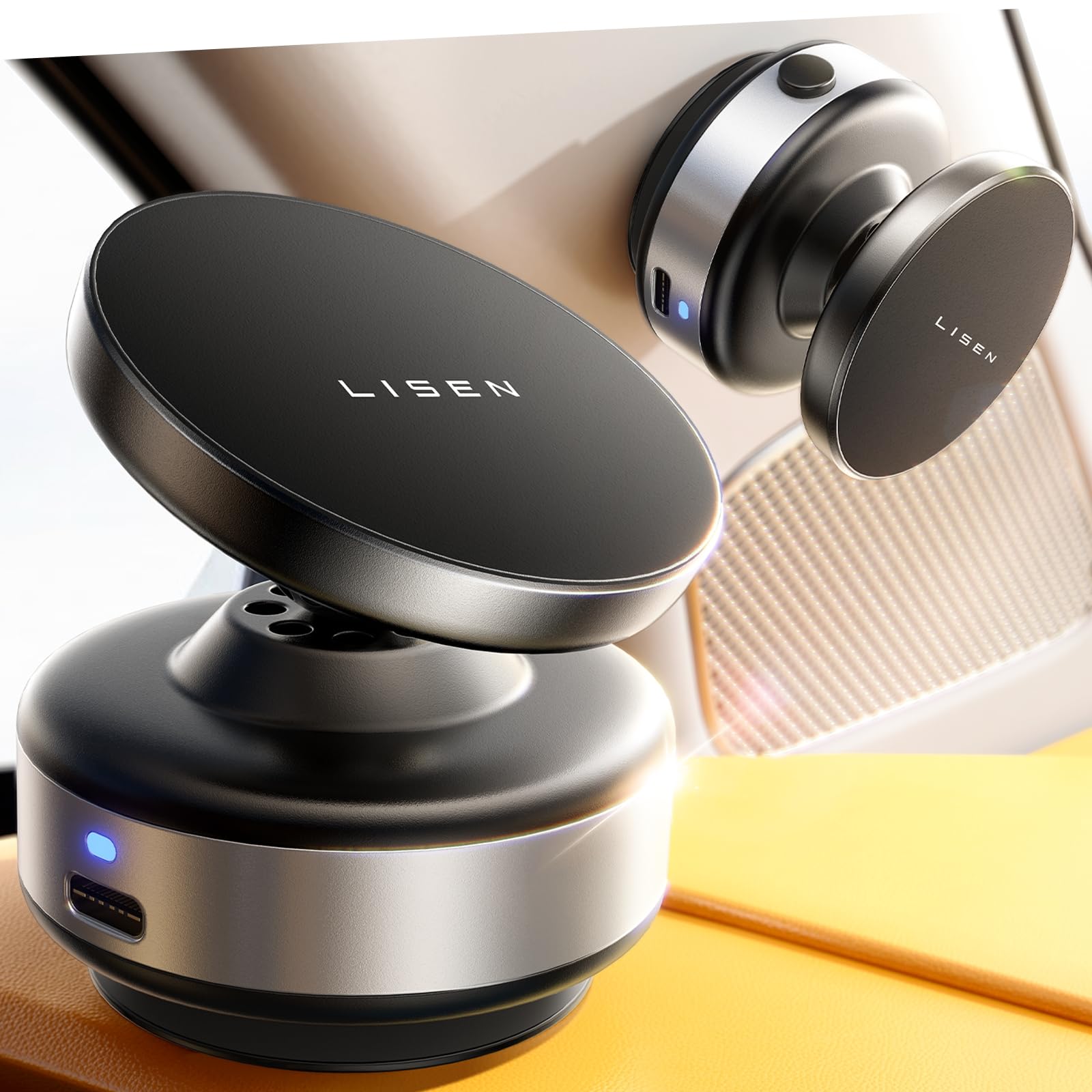 LISEN Suction Phone Mount, Mini Portable Super Stable Electric Vacuum Magnetic Phone Holder, 360° Adjustable Vlogging Travel Multi-Scene Use for iPhone 16e 16 Pro Max 15 14 13