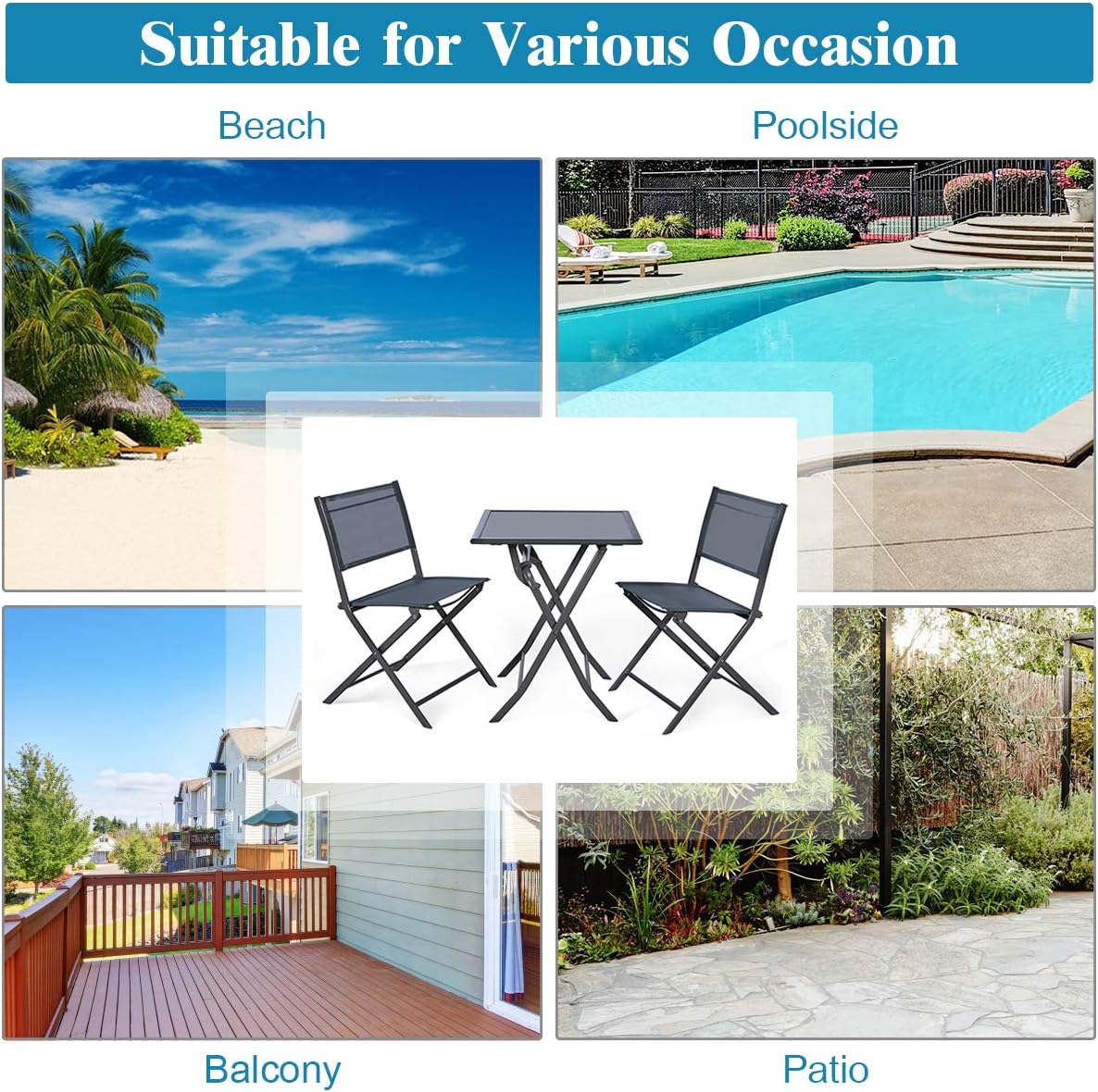 Giantex 3 Pcs Bistro Set, Outdoor Bistro Table Set, Folding Porch Furniture, Metal Patio Dining Table and 2 Chairs, 3 Pieces Portable Patio Bistro Set for Garden Backyard Lawn
