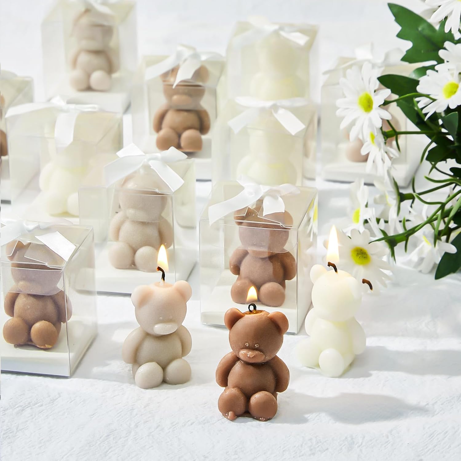 50 Pcs Bear Baby Shower Candle Favors for Guest Bear Party Favors Baby Shower Candles Bulk for Gifts Party Decorations (Light Brown,Brown,White)