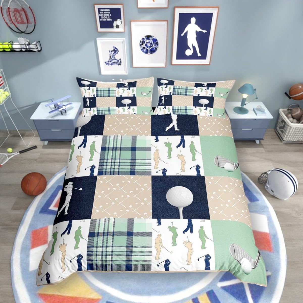 feelingyou Golf Plaid Duvet Cover Single Size,Ball Sports Lover Style Comforter Cover for Adults Kids Bedroom Decor,Green Buffalo Grid Geometric Soft Bedding Set 1 Pillowcase,No Comforter