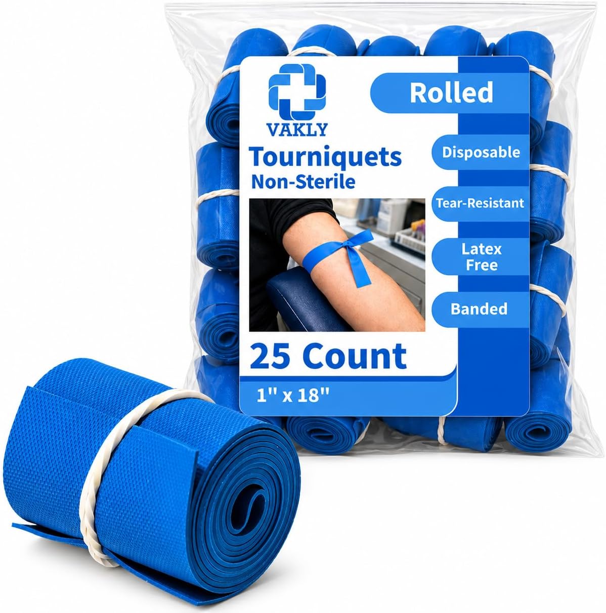 Vakly Disposable Tourniquet 1" x 18" [Pack of 25] Blue – Rolled & Banded Single-Use Elastic Latex-Free Tear-Resistant First Aid Tourniquets for Emergency & Home Use – Nursing Supplies