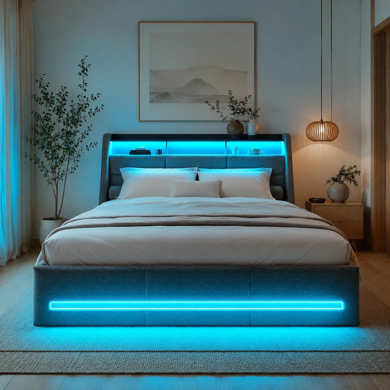 Camas Matrimoniales con usb, Cama con Almacenaje y Cargador 140x190 cama Matrimonio Tapizada con Espacio de Almacenamiento y luces led Marco de CAMAS con Cabecero,Sin Colchon (D Gris Lino, 140x190 cm)