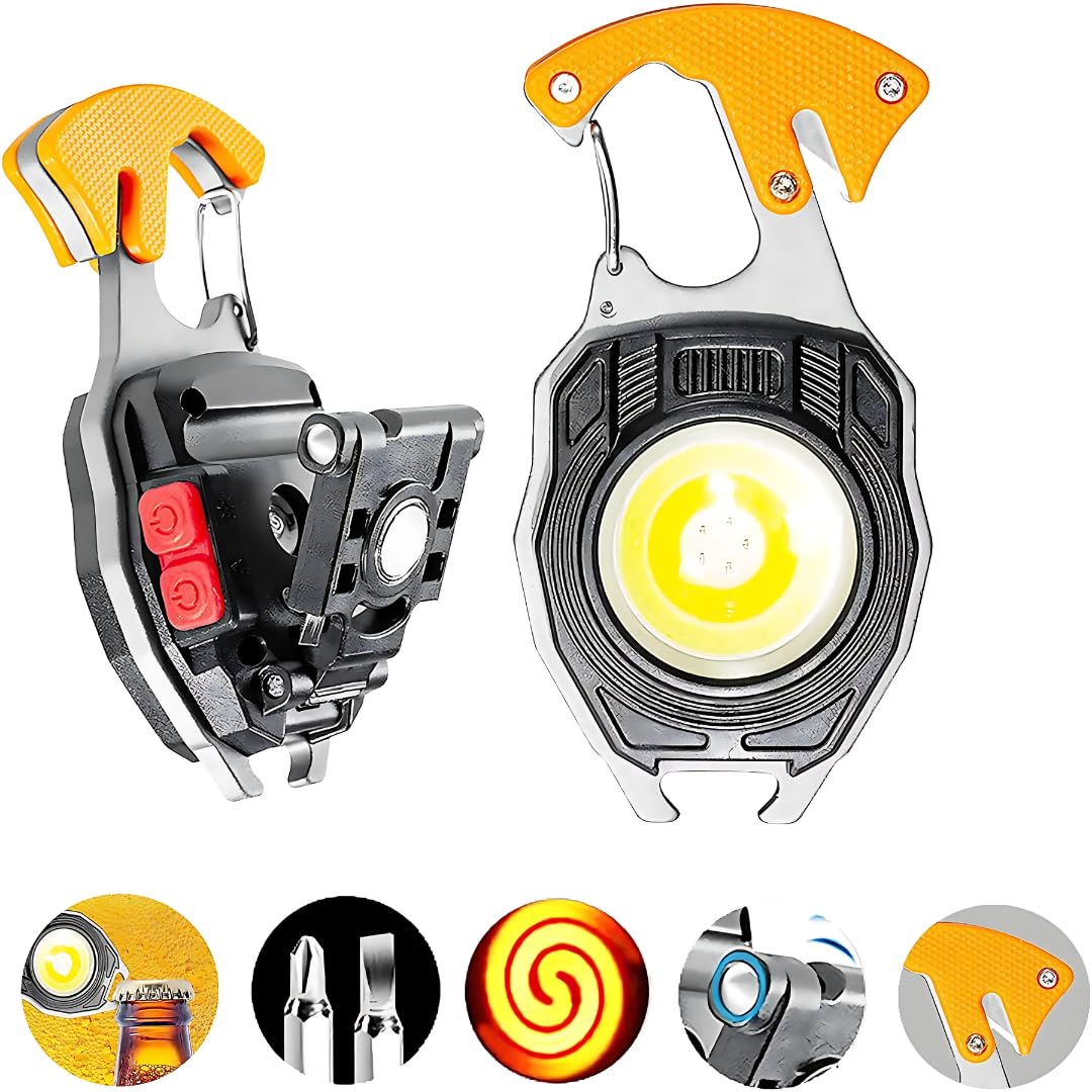LED Recharable COB Keychain Light, Rechargeable Flashlights with Lighter, Whistles, Screwdriver, Bottle Opener, Magnet Base 800 Lumens COB Light Mode Portable Emergency Light.-image-34