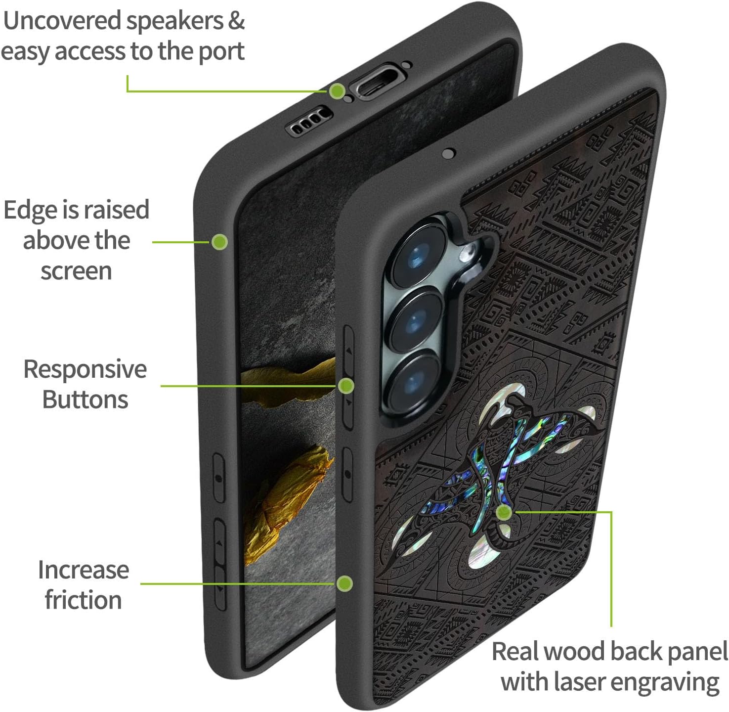 Carveit Designer Wooden Case for Samsung Galaxy S23 FE Case Cover [Wood Engraving & Shell Inlay] Compatible with Wireless Chargers S23 FE Case (The Tribal Manta Rays-Blackwood)