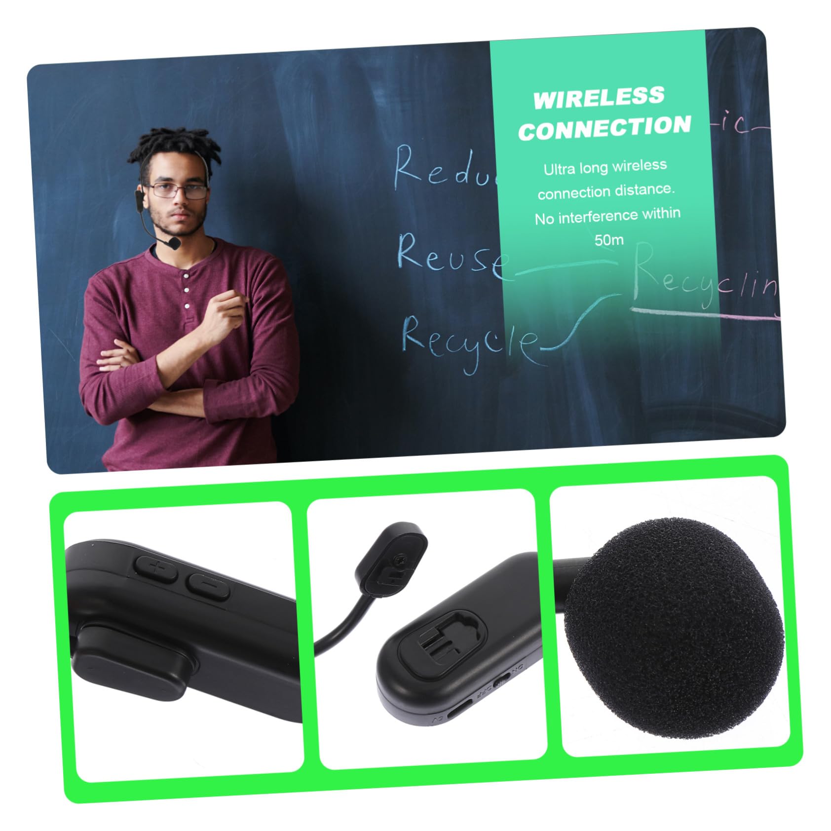Micrófono Inalámbrico de Cabeza UHF Batería Incorporada, Auricular Negro Abs para Enseñanza y Artes Escénicas, Alcance Eficaz de 50 Metros