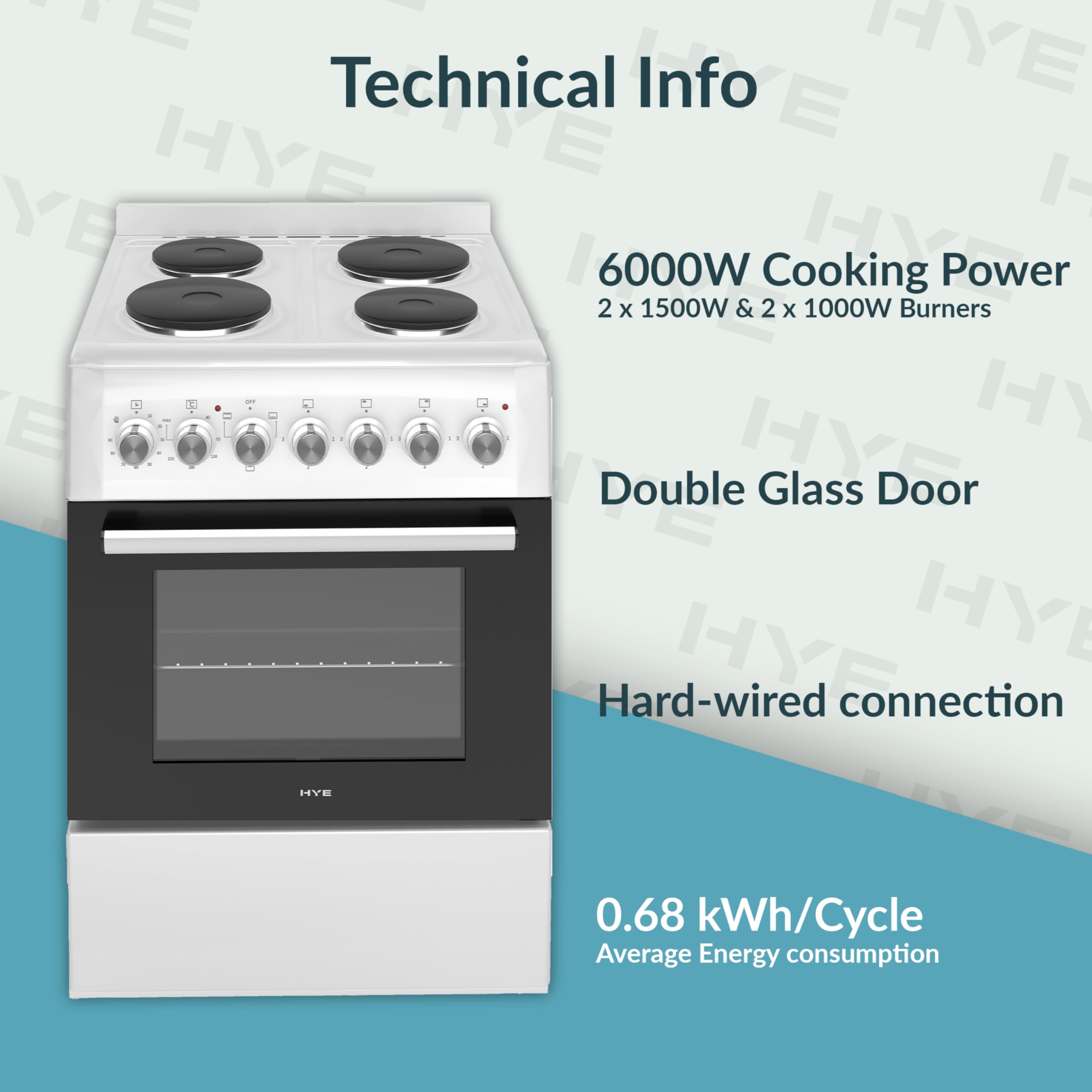 HYE Cooker - Electric Cooker, 4 Hotplates, 62L Electric Oven, A-Rated Energy Efficiency, 60cm Width, Freestanding Design, White, Ideal For Family Homes - C01FS60E17W — view 4