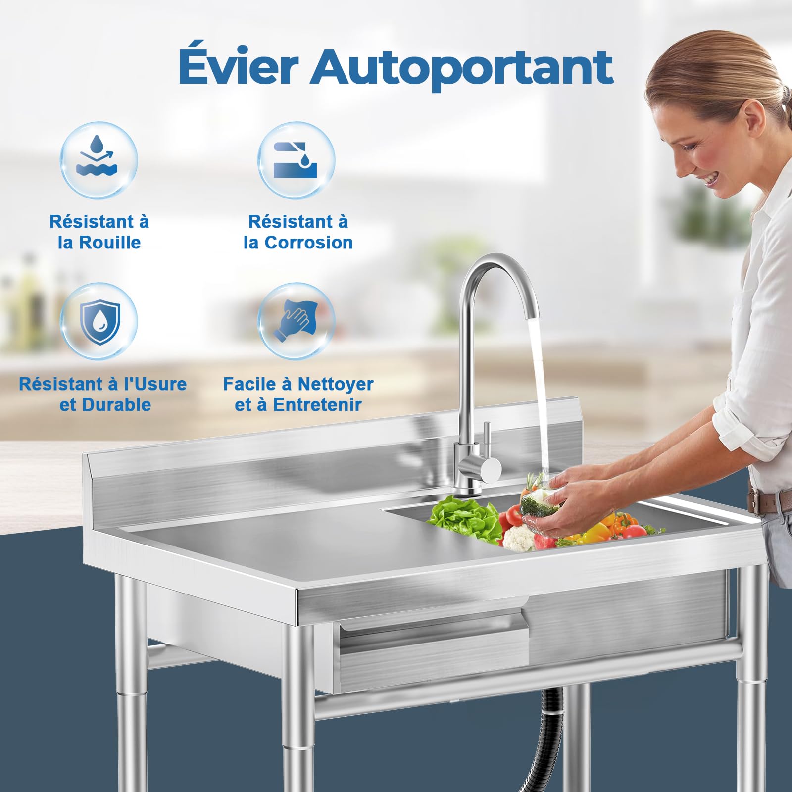 RiveraSink Plonge Inox Professionnelle 100x55x80cm avec Évier sur Pied, Évier Cuisine Inox avec Plan de Travail, Tiroir et Robinet, Table de Lavage pour Restaurant, Garage, Buanderie et Extérieur