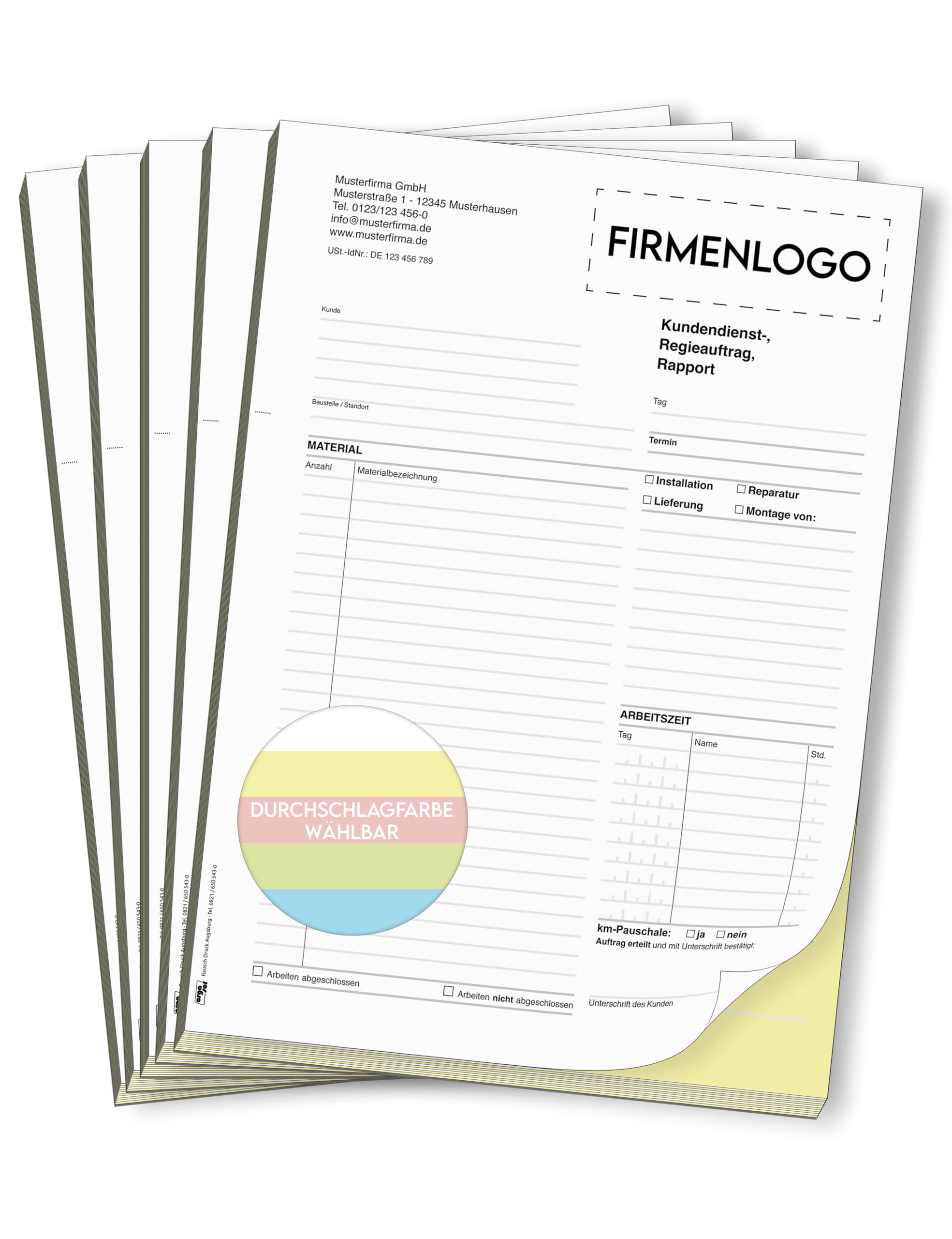 Regiebericht/Rapport | personalisierbar mit Logo und Anschrift | DIN A4 | 2-fach oder 3-fach selbstdurchschreibend | 5x Durchschreibeblock mit je 50 Sätzen