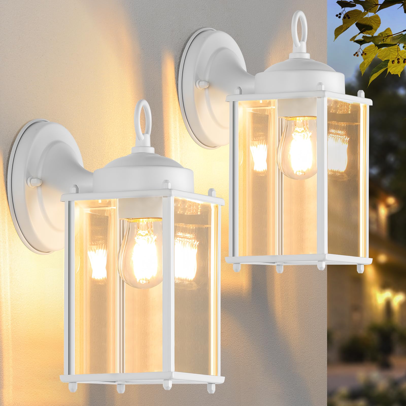 MATAMEYE Large Outdoor Wall Lantern, Exterior Waterproof Wall Sconce Light Fixtures, White Front Door Lighting with Clear Beveled Glass, Anti-Rust E26 Socket Porch Lamp, 2 Pack