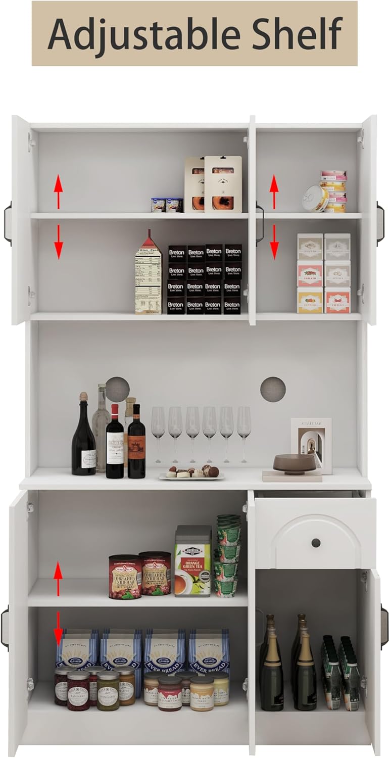 71" Kitchen Pantry Storage Cabinet with Microwave Oven Countertop, Freestanding Hutch with Adjustable Shelves, Kitchen Cabinetry with Elegant Arch Design (White)