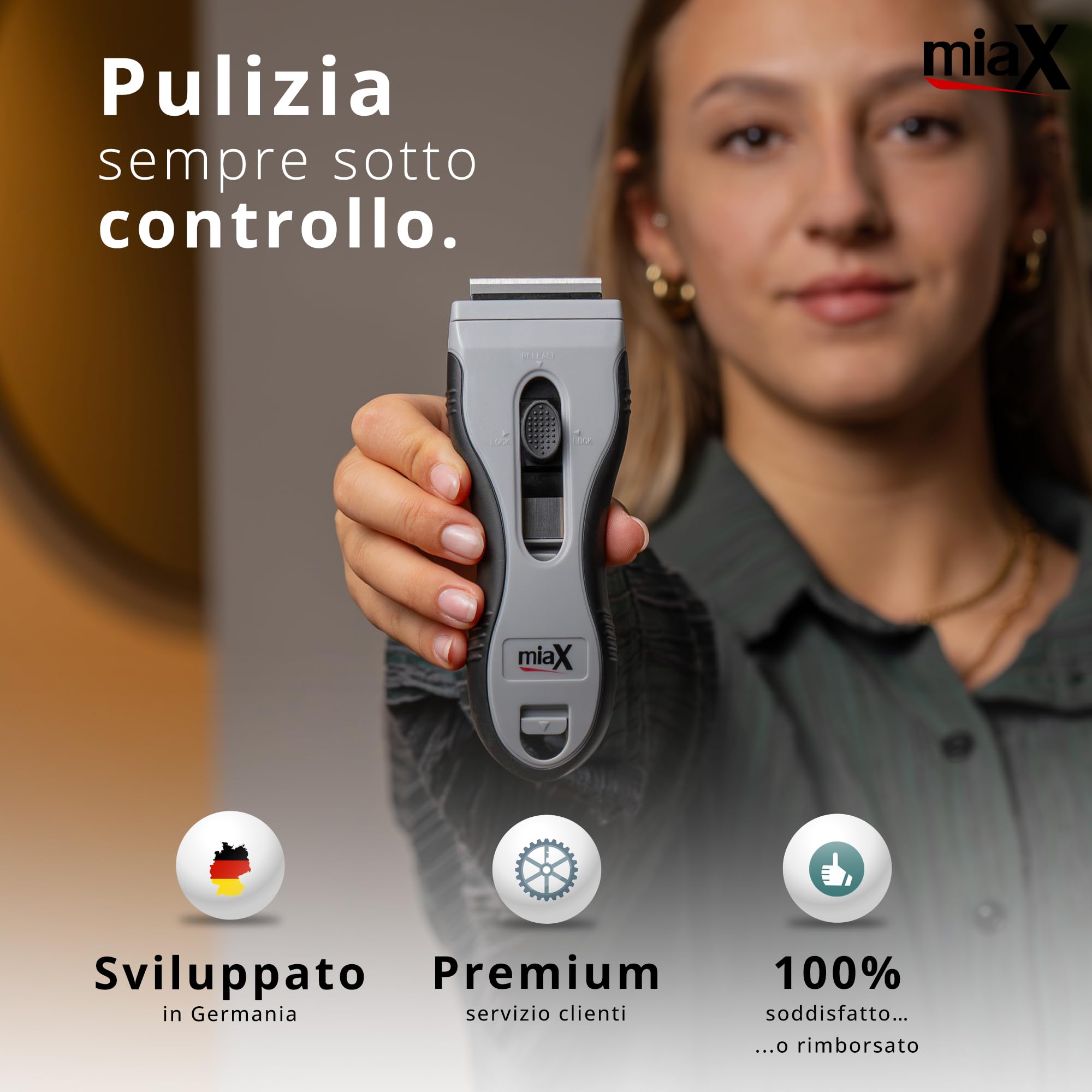 miaX Premium Spatola Multiuso 2.0 – Raschietto rimuovi silicone, con 8 lame di ricambio integrate – per piano induzione, vetro, adesivi, vernici